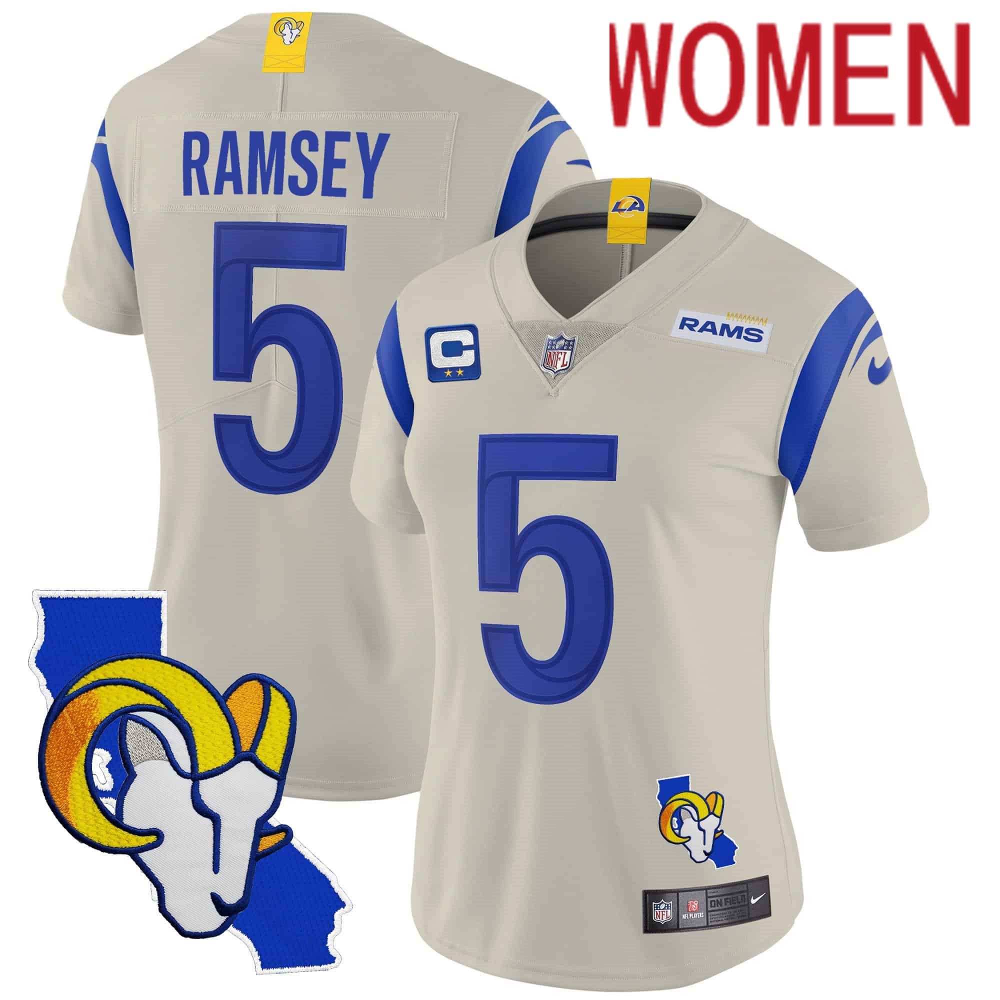 Women Los Angeles Rams #5 Ramsey Cream 2024 Nike California Patch Vapor Limited NFL Jersey->women nfl jersey->Women Jersey
